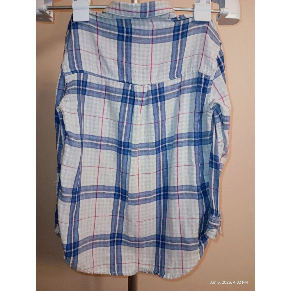 Old Navy Girls S (6-7) Blue White Pink Plaid Long Sleeve Collared Button-Up